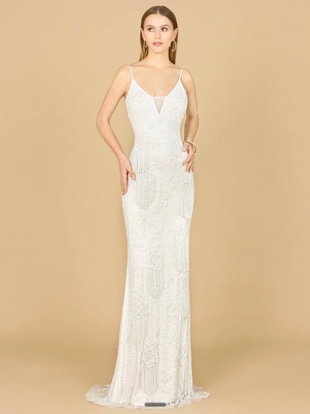 Lara Danika Floral Beaded Sheath Beaded Dress with Beaded Fringe
